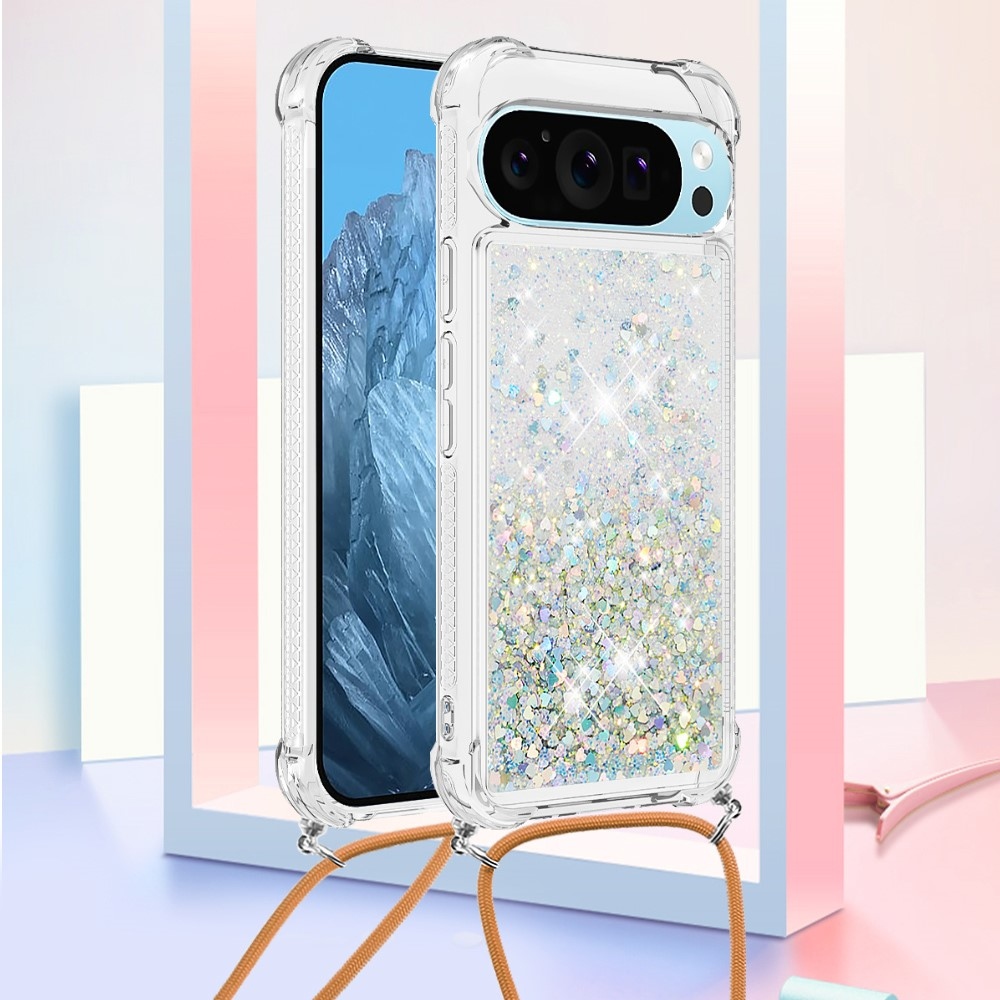 Csillogó homokóra zselés tok zsinórral a Google Pixel 10 Pro/Pixel 10 számára - ezüst/szívecske