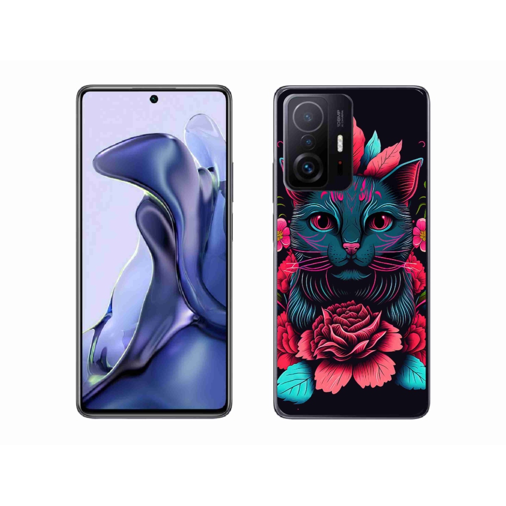 Gél borító mmCase a Xiaomi 11T Pro számára - virágok és macska