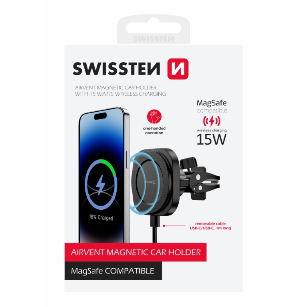 Swissten Magstick mágneses ventilátortartó 15W/7.5W vezeték nélküli töltéssel és MagSafe-vel