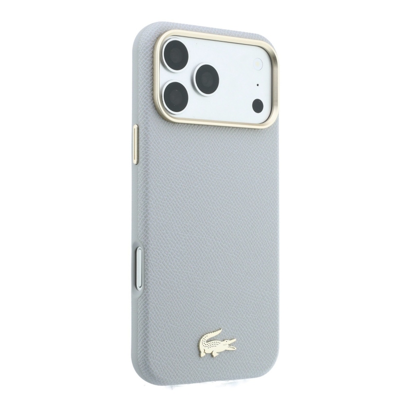Lacoste PU bőr Champs-Élysées arany logós MagSafe hátsó tok iPhone 18 Pro Max-hoz, világosszürke