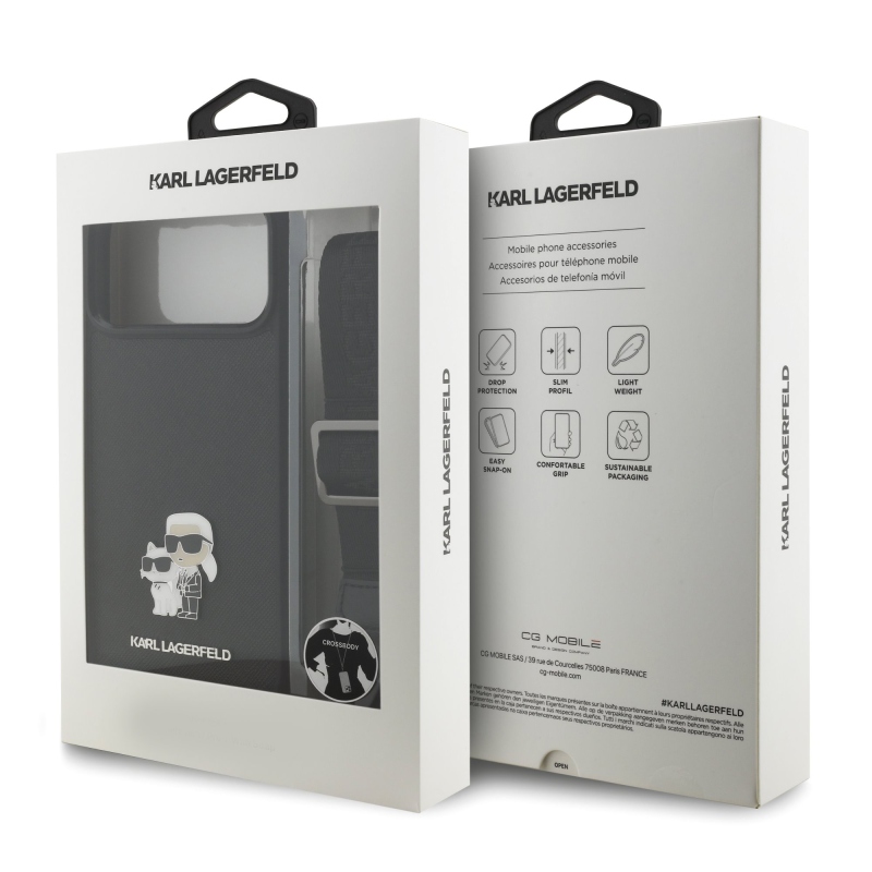 Karl Lagerfeld Saffiano Crossbody Strap Metal Karl és Choupette hátlapi borító iPhone 17 Pro Fekete