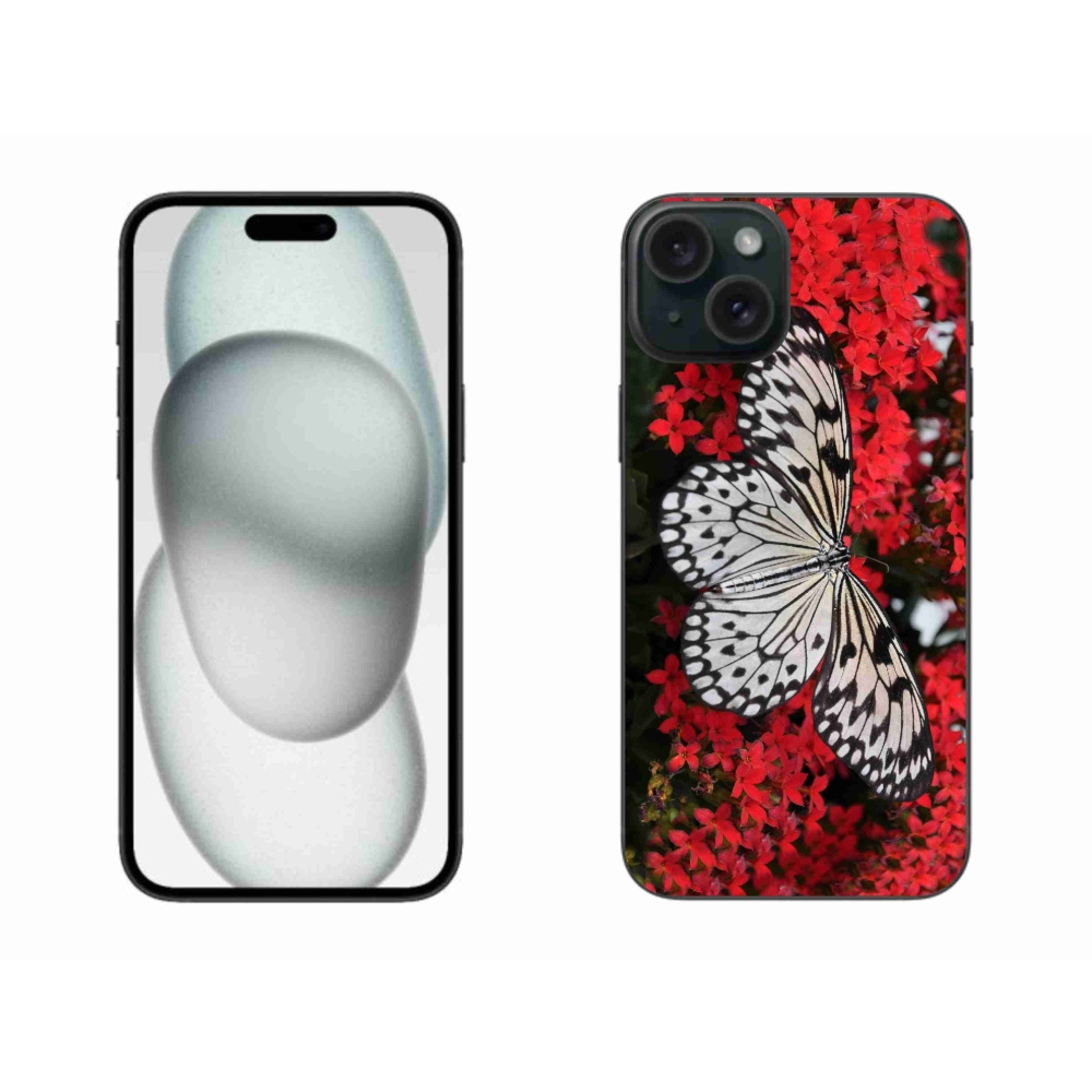 Zselés borítás mmCase iPhone 15 Plus készülékhez - fekete-fehér pillangó 1