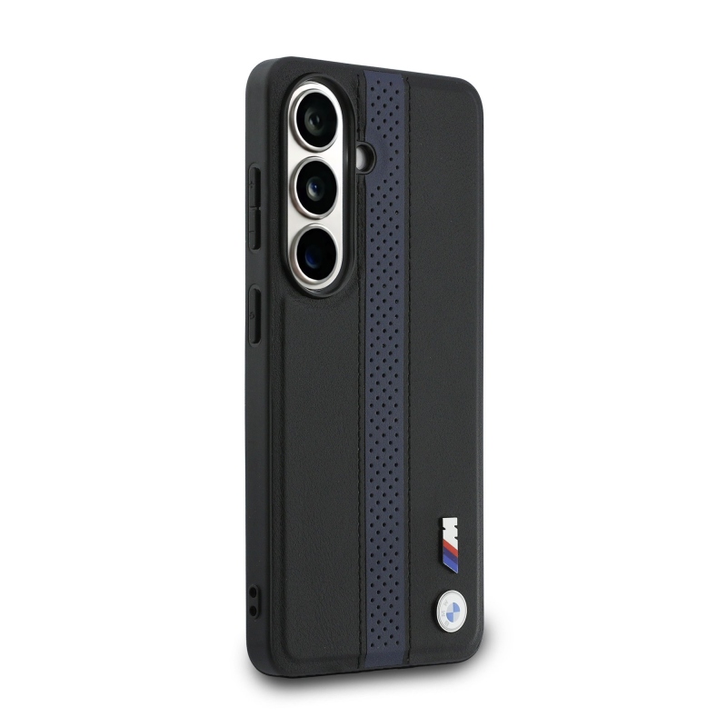 BMW M PU bőr perforált csíkok és fém logó mágneses hátlap Samsung Galaxy S26 kék