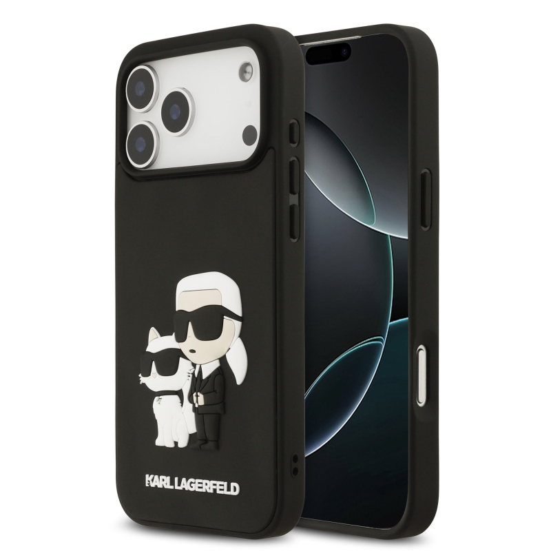 Karl Lagerfeld 3D gumiból készült Karl és Choupette hátlap iPhone 17 Pro Max készülékhez Fekete