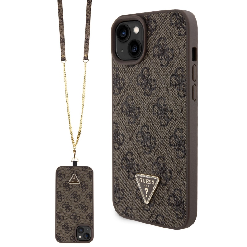 Guess PU 4G Strass háromszög fém logó hátlap + keresztpánt iPhone 15 Plus barna színű iPhone 15 Plus-hoz barna