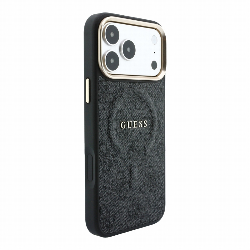 Guess PU bőr 4G aranykeretes, dombornyomott MagSafe hátsó tok iPhone 18 Pro-hoz, fekete
