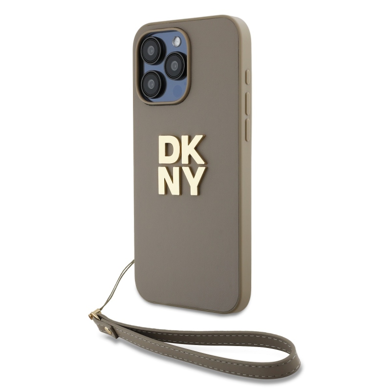 DKNY PU bőr Stack Logo csuklópánt hátlapi borító iPhone 14 Pro Max bézs színűre