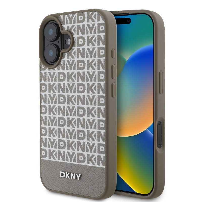 DKNY PU bőr Ismétlődő mintás alsó csík MagSafe hátlap iPhone 16-hoz Barna barna