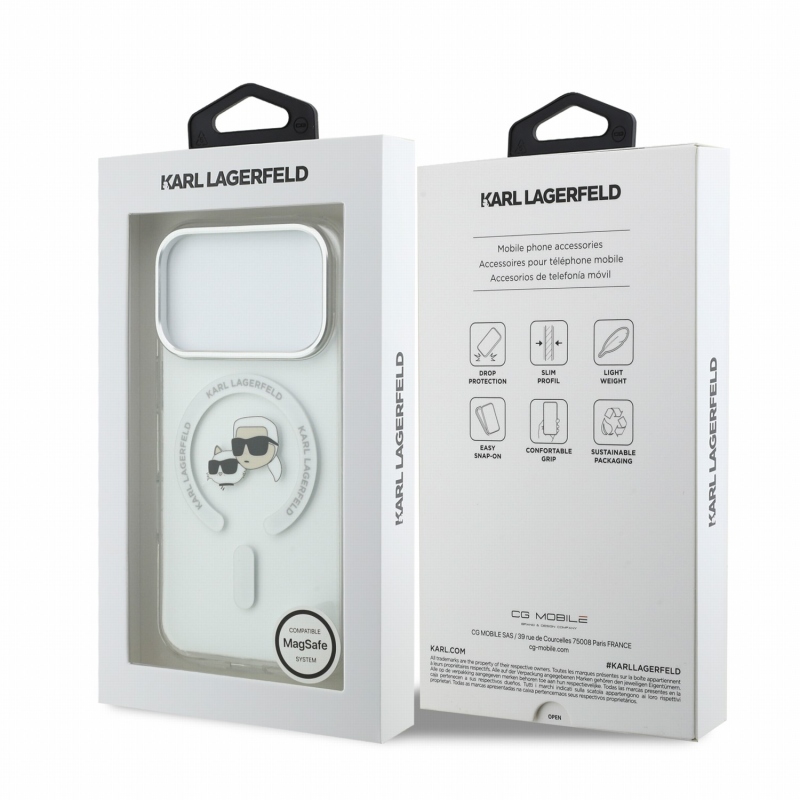 Karl Lagerfeld IML K&CH Heads fémkeretes MagSafe hátsó tok iPhone 18 Pro-hoz, fehér
