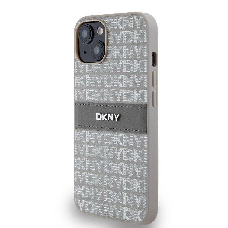DKNY PU bőr ismétlődő mintás tonális csíkos hátlapi borító iPhone 14 bézs színű készülékhez