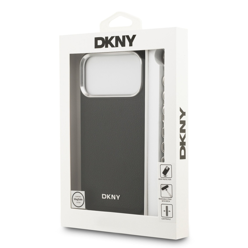 DKNY PU bőr fém logós csuklólánc MagSafe hátlap iPhone 17 Pro Max fekete színűre
