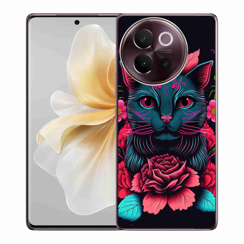 Gél borító mmCase a Vivo V40 Lite 5G-hez - virágok és macska