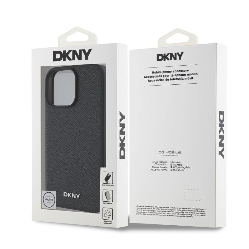 DKNY PU bőr ezüst fém logó Magsafe hátlap iPhone 16 Pro Max-hoz fekete
