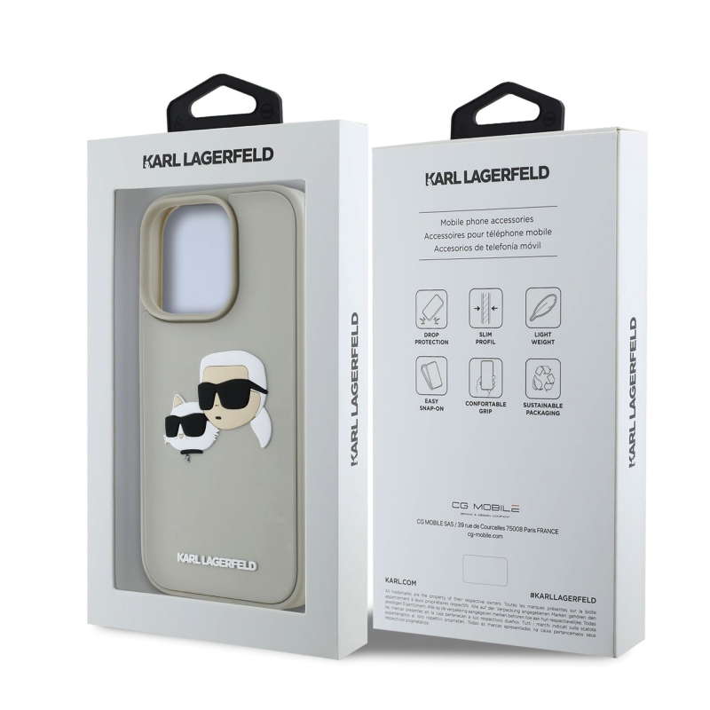 Karl Lagerfeld 3D gumiból készült duplafejű hátlap iPhone 16 Pro Max bézs színűre