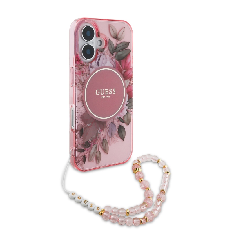 Guess IML Flowers Strap MagSafe hátlapi borító iPhone 16 Plus rózsaszínű készülékhez