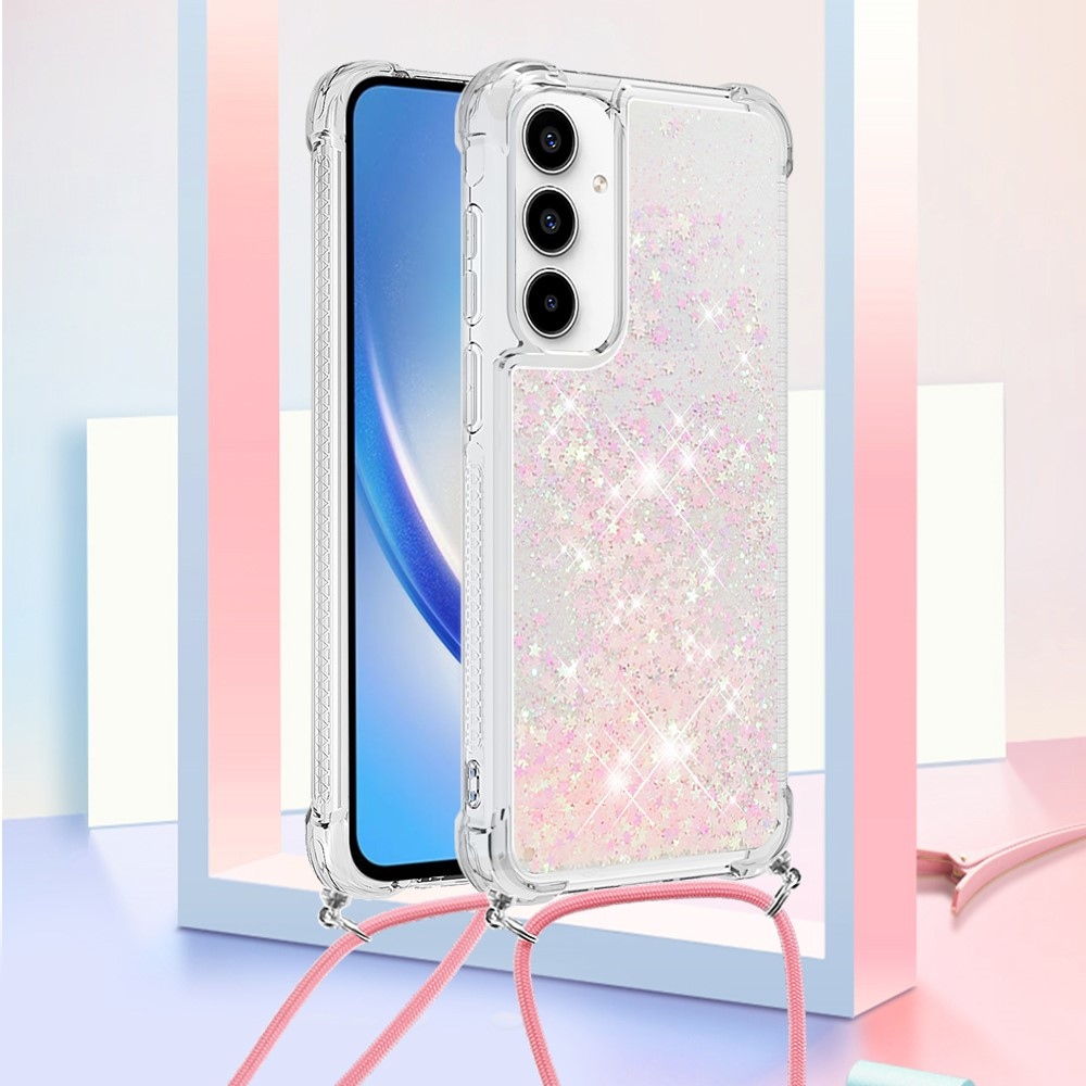 Csillogó homokóra zselés tok húzózsinórral Samsung Galaxy A36 5G - rózsaszín/csillagok