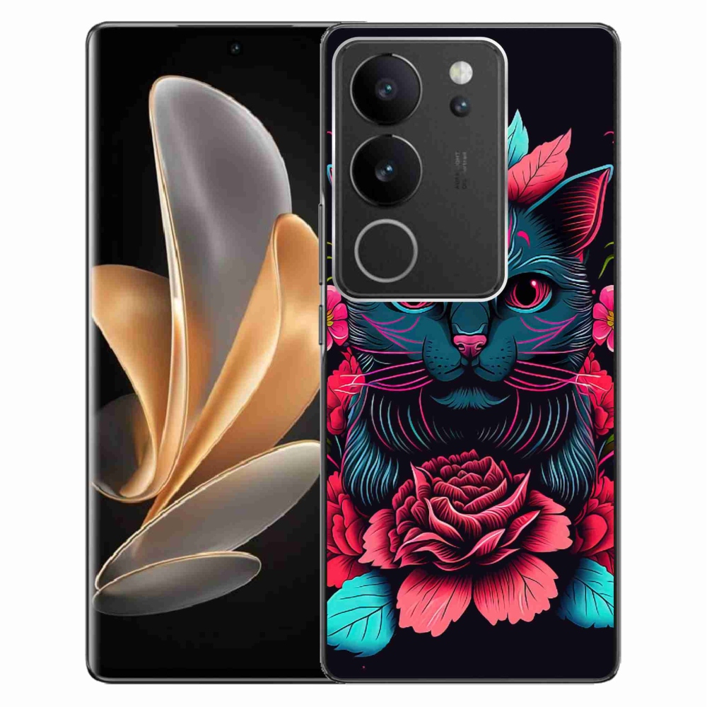 Zselés borító mmCase a Vivo V29 5G-hez - virágok és macska