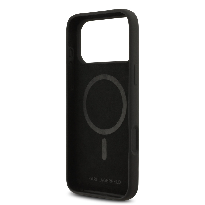 Karl Lagerfeld folyékony szilikon dupla fejű MagSafe hátlap iPhone 17 Pro Max fekete színűre