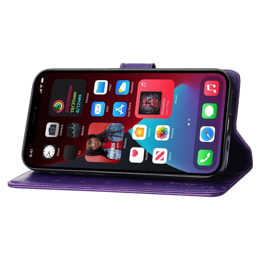 Virágok könyvtáska iPhone 15 Pro készülékhez - sötétlila