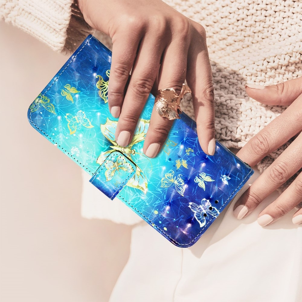 Patte könyv tok Samsung Galaxy M55 5G - kék és arany pillangókhoz