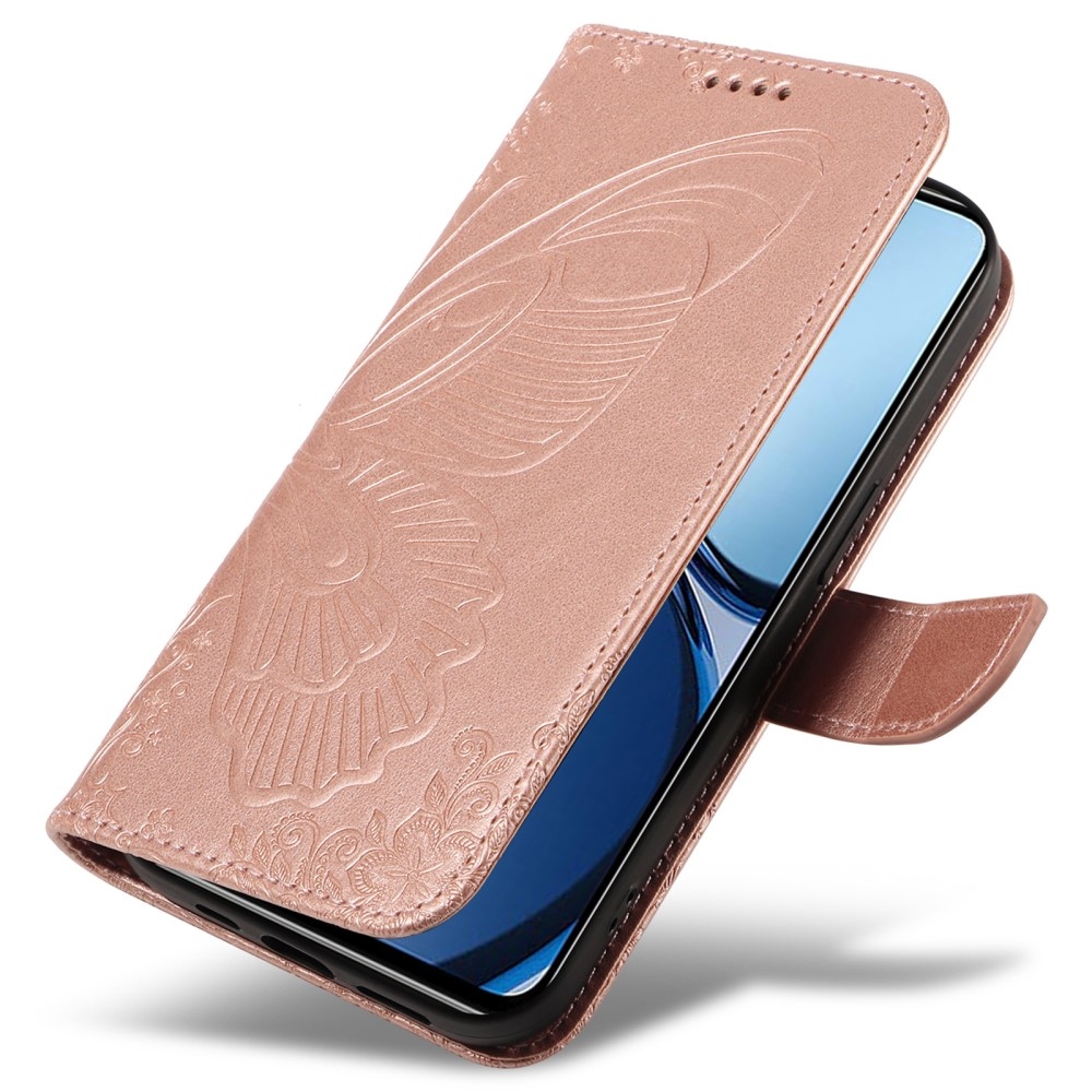 Virágos pillangó könyvtáska Realme C61/C63 készülékhez - rózsaarany