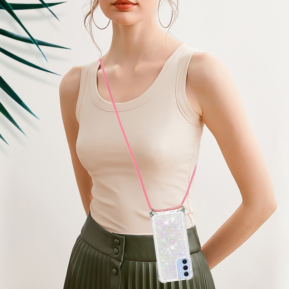 Csillogó homokóra zselés tok zsinórral Samsung Galaxy A26 5G - rózsaszín/ezüst/szívecske