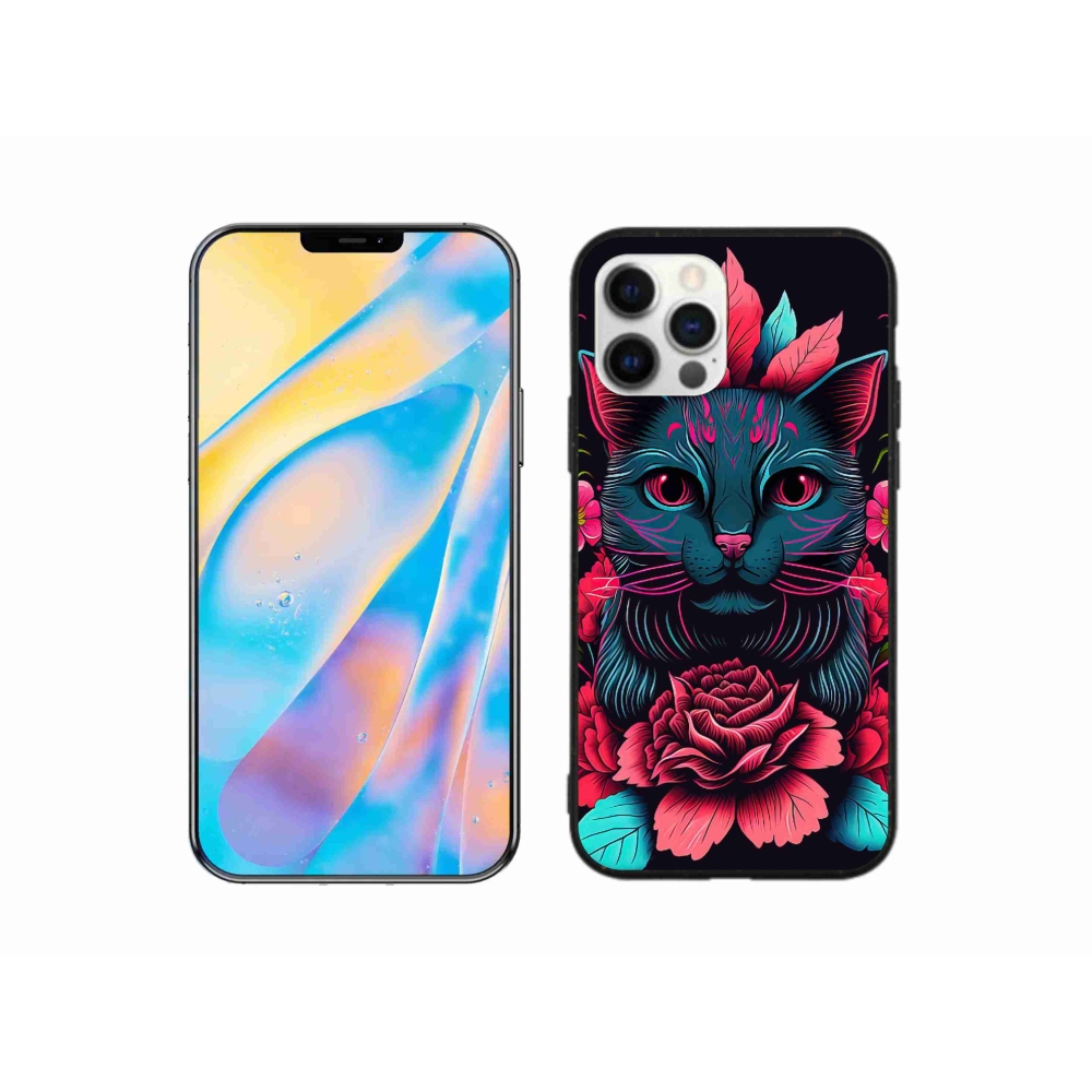 Gél borítás mmCase iPhone 12 készülékhez - virágok és macska