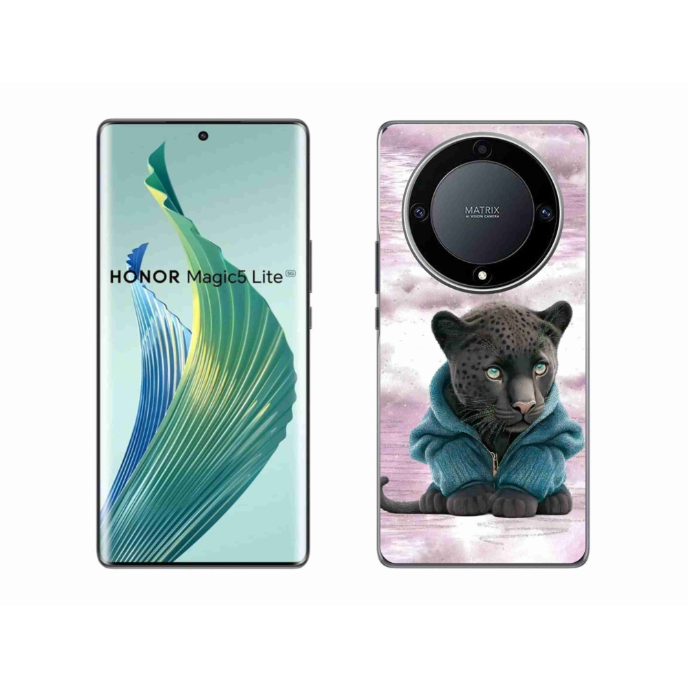 Gél borítás mmCase a Honor Magic 5 Lite 5G számára - fekete párduc pulóverben