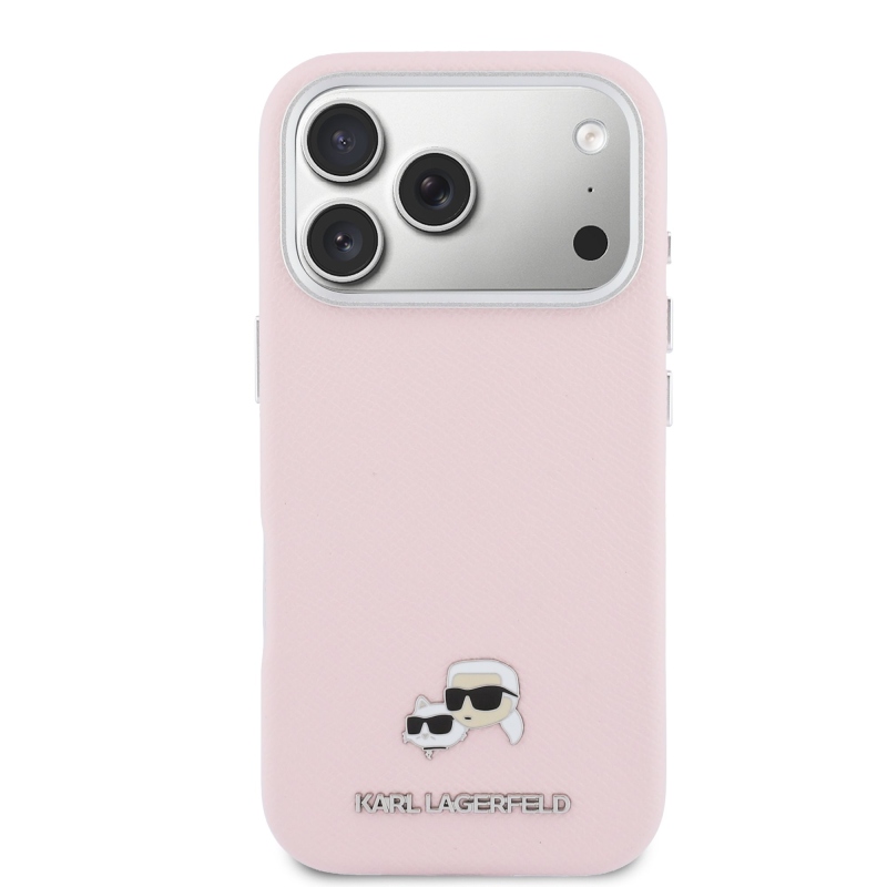Karl Lagerfeld PU Karl és Choupette fejek tűk MagSafe hátlap iPhone 17 Pro Max rózsaszínű borítóhoz