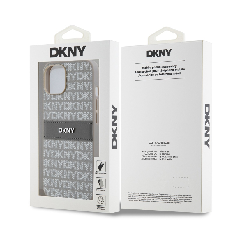 DKNY PU bőr ismétlődő mintás tonális csíkos hátlapi borító iPhone 14 bézs színű készülékhez