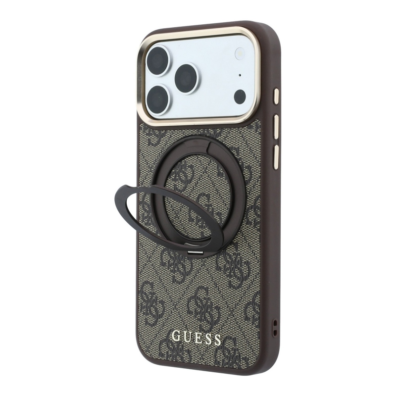 Guess PU 4G Ring Stand MagSafe hátsó tok iPhone 18 Pro-hoz, barna
