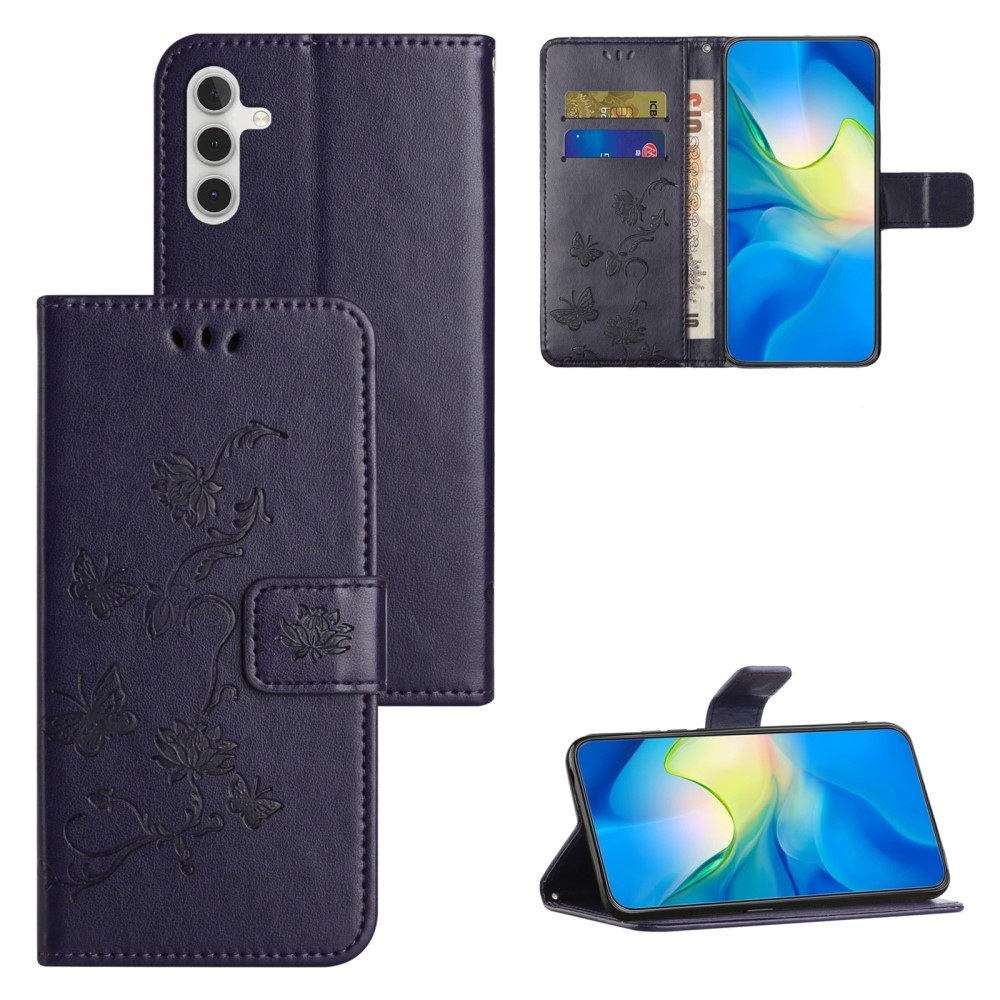 Virágos könyvtáska Samsung Galaxy S24 FE készülékhez - sötétlila