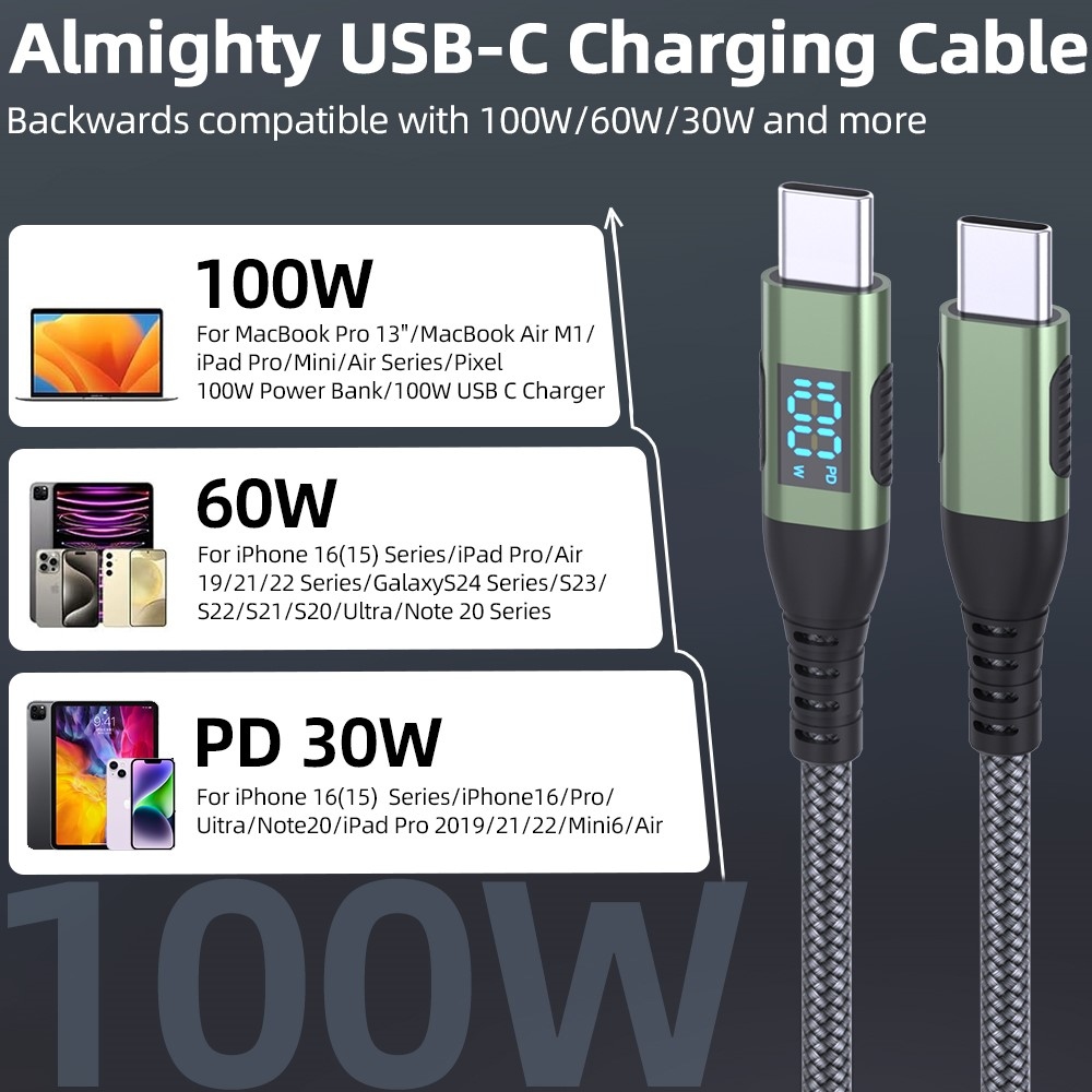 1 m-es nejlon USB-C / USB-C kábel kijelzővel és 100 W-os gyorstöltés támogatásával. Nagy teljesítmény, strapabíró kialakítás és megbízható adatátvitel.
