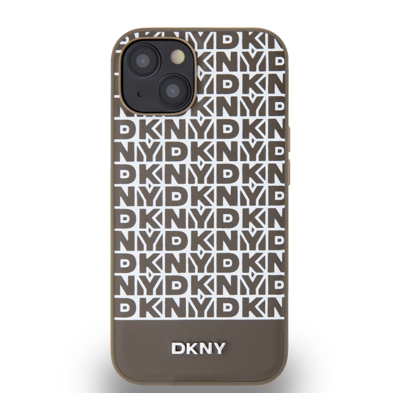DKNY PU bőr ismétlődő mintás alsó csíkos MagSafe hátlap iPhone 14 barna 14-hez