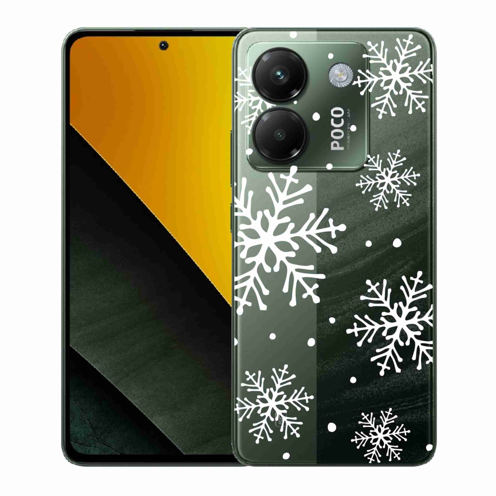 Gél borítás mmCase a Xiaomi Poco M7 Pro 5G számára - fehér pelyhek átlátszó háttéren