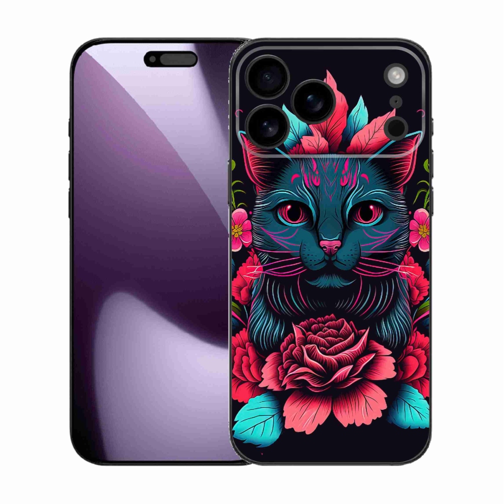 Gél borítás mmCase iPhone 17 Pro Max készülékhez - virágok és macska