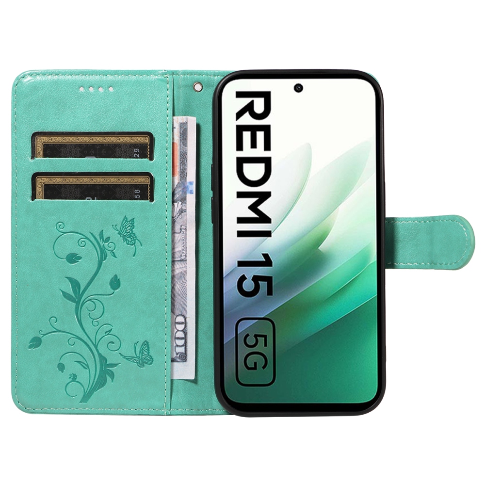 Virágok könyv tok Xiaomi Redmi 15 5G (169mm) - teáskék színű