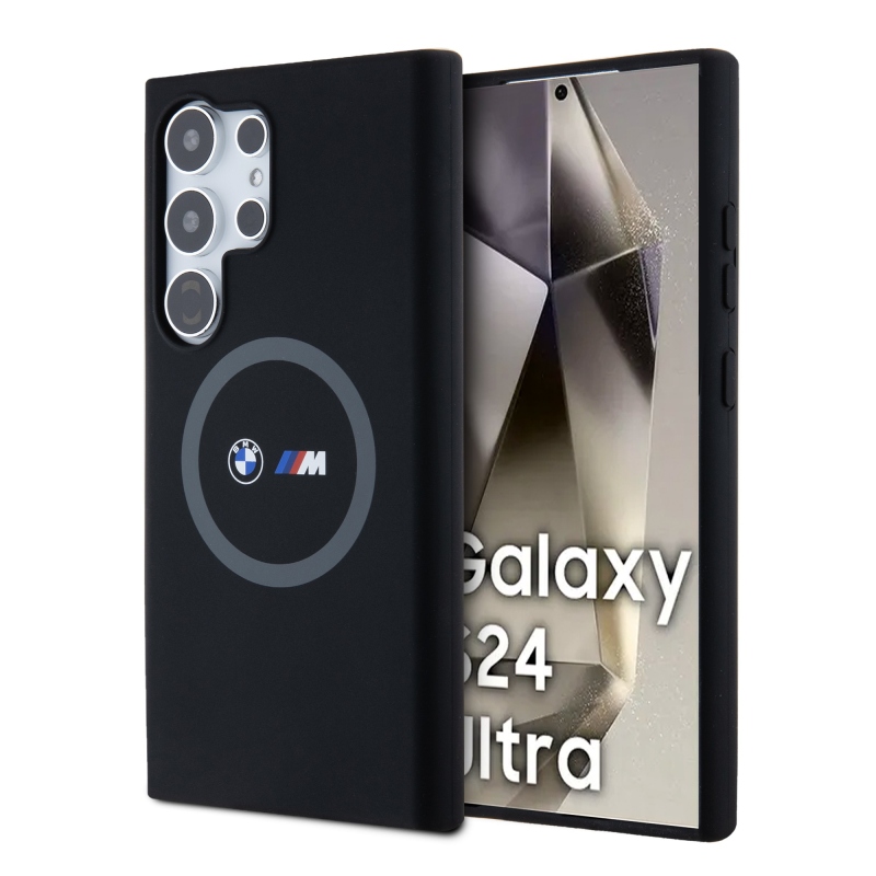 BMW M nyomtatott kerek és logó Magsafe szilikon borító Samsung Galaxy S24 Ultra fekete
