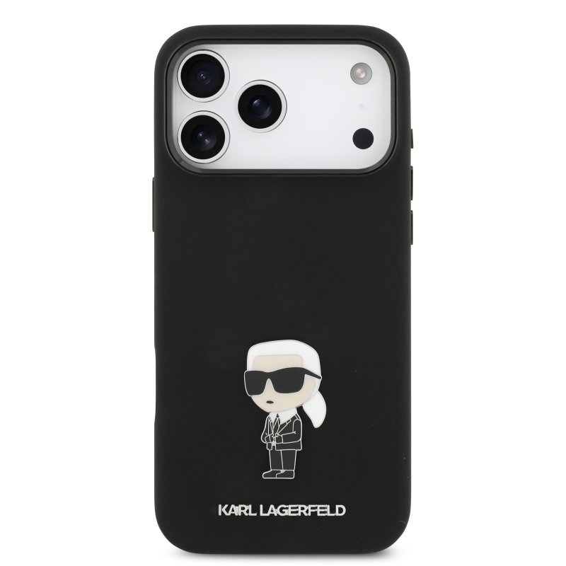 Karl Lagerfeld Folyékony szilikon fém Ikonik hátlap iPhone 17 Pro Max-hoz Fekete