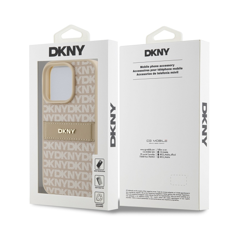 DKNY PU bőr ismétlődő mintás tonális csíkos hátsó borító iPhone 16 Pro Max rózsaszínhez