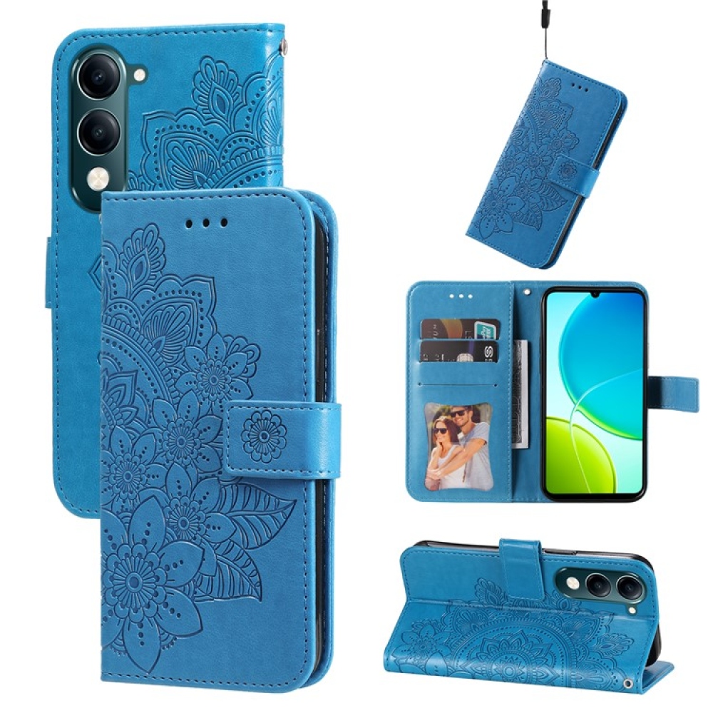 Virágos könyvtáska a Vivo Y29s 5G készülékhez - kék