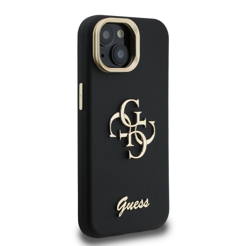 Guess PU szemcsés 4G Logo Stand Kamera keret hátlapi borító iPhone 15 Fekete