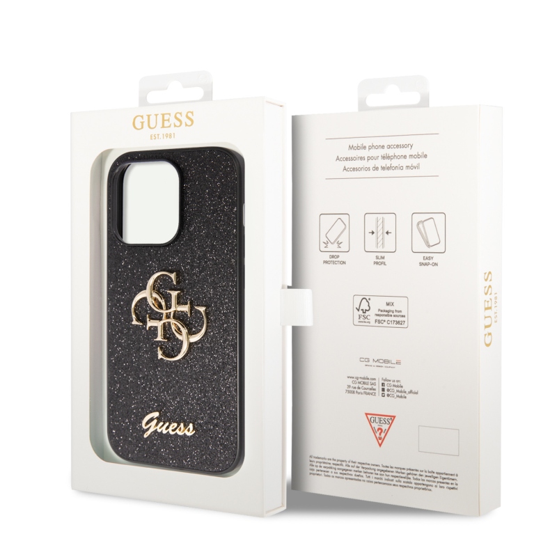 Guess PU Fixed Glitter 4G fém logó hátlap iPhone 15 Pro Max-hoz fekete