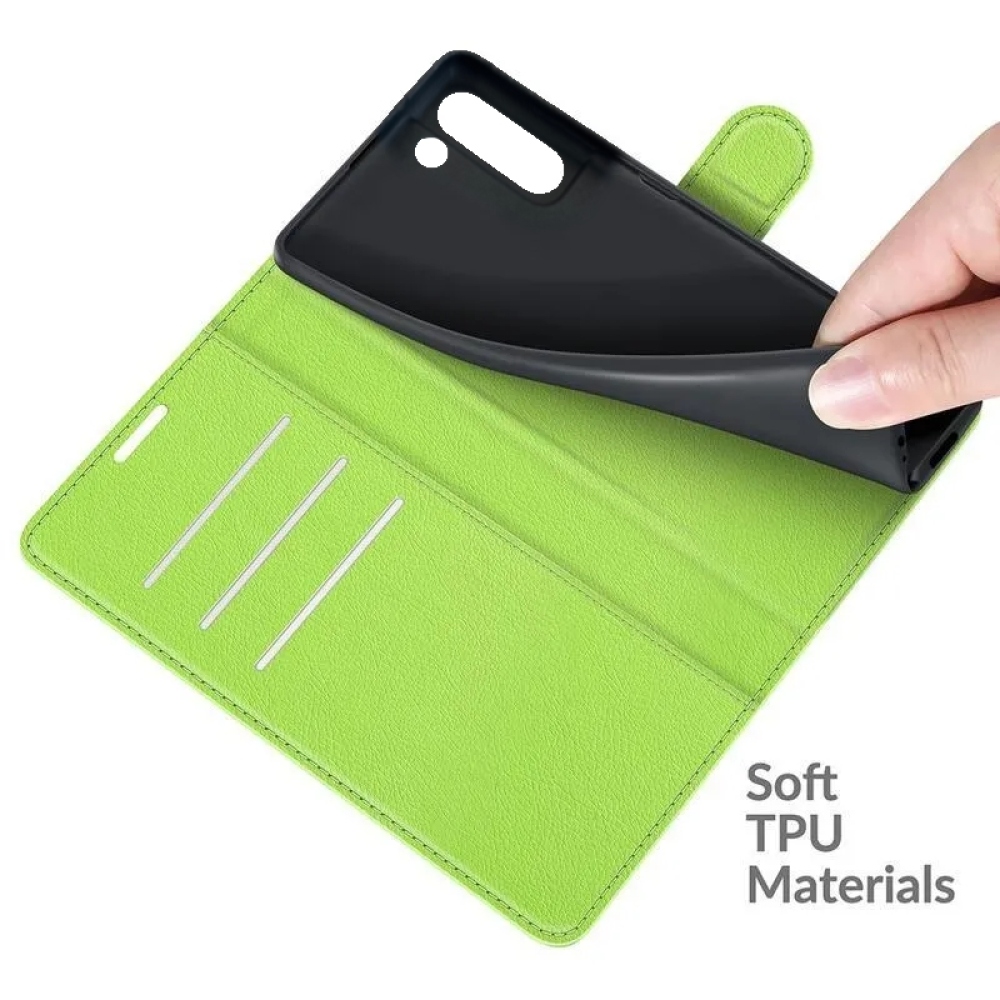 Litchi PU bőr pénztárca tok Samsung Galaxy S21 FE 5G számára - zöld