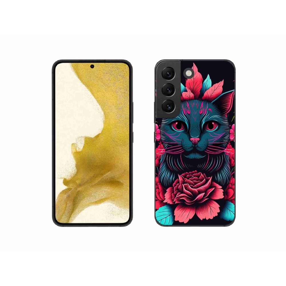 Gél borítás mmCase Samsung Galaxy S22 5G - virágok és macska