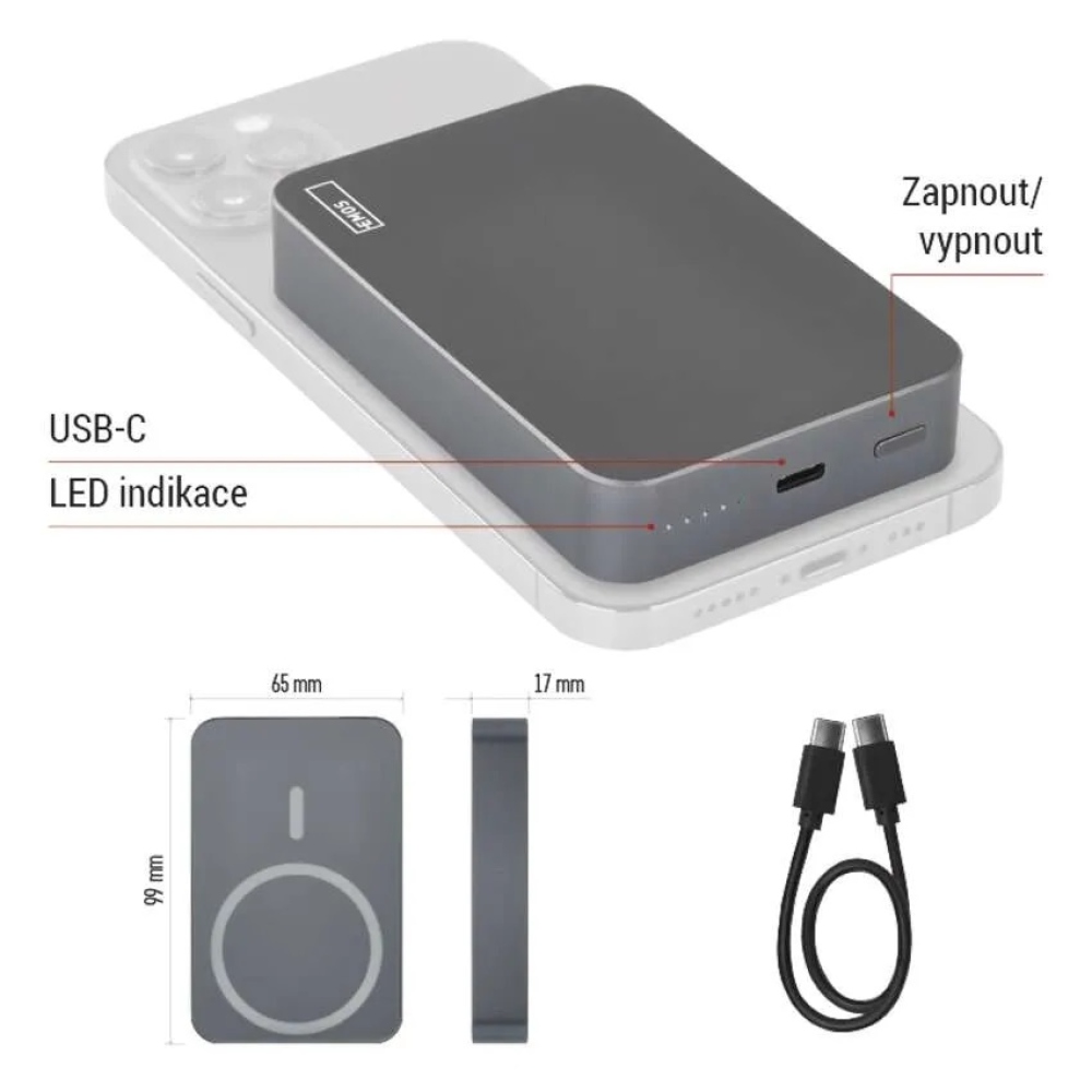 Powerbank EMOS WI 1046, 10 000 mAh, 20 W+vezeték nélküli - szürke