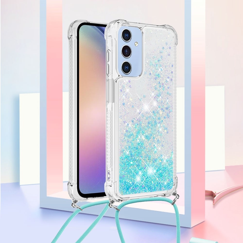 Csillogó homokóra zselés tok zsinórral Samsung Galaxy A26 5G-hez - kék/csillagok