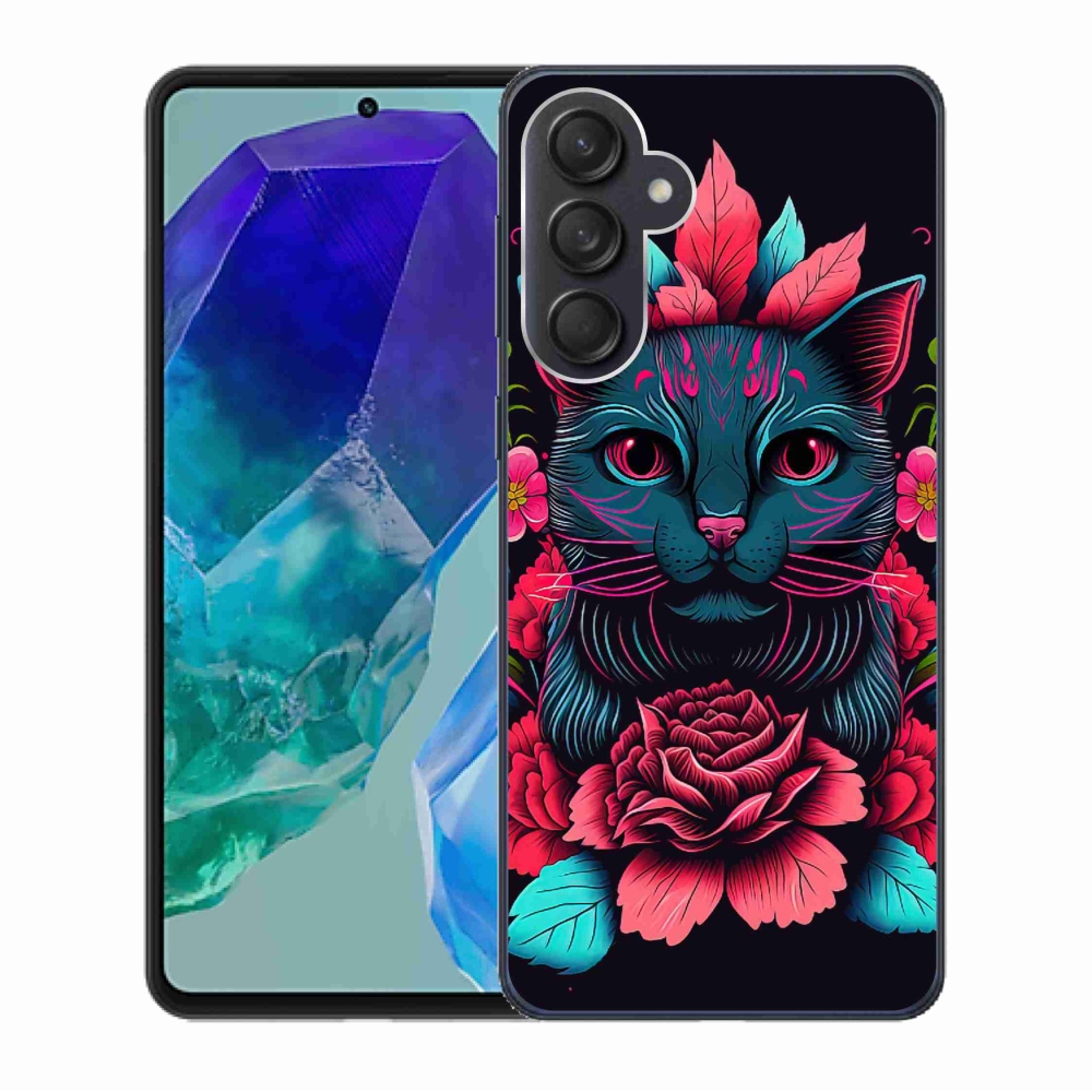Gél borítás mmCase Samsung Galaxy M55 5G - virágok és macska