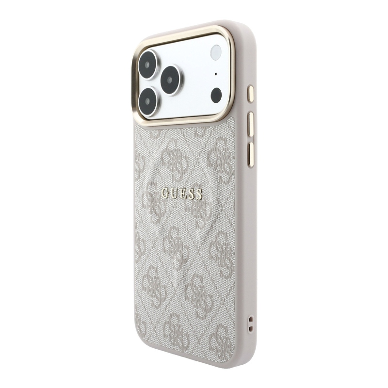 Guess PU bőr 4G aranykeretes, dombornyomott MagSafe hátsó tok iPhone 18 Pro-hoz, rózsaszín