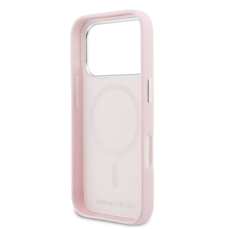 Karl Lagerfeld PU Karl és Choupette fejek tűk MagSafe hátlap iPhone 17 Pro Max rózsaszínű borítóhoz